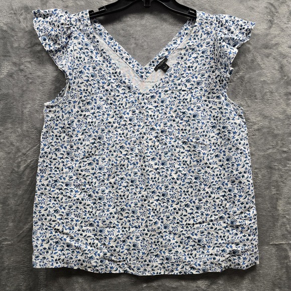 Ann Taylor Factory Tops - Ann Taylor‎ Women's Small Linen Blend Blue Floral Top VNeck Flutter Sleeve Ditsy